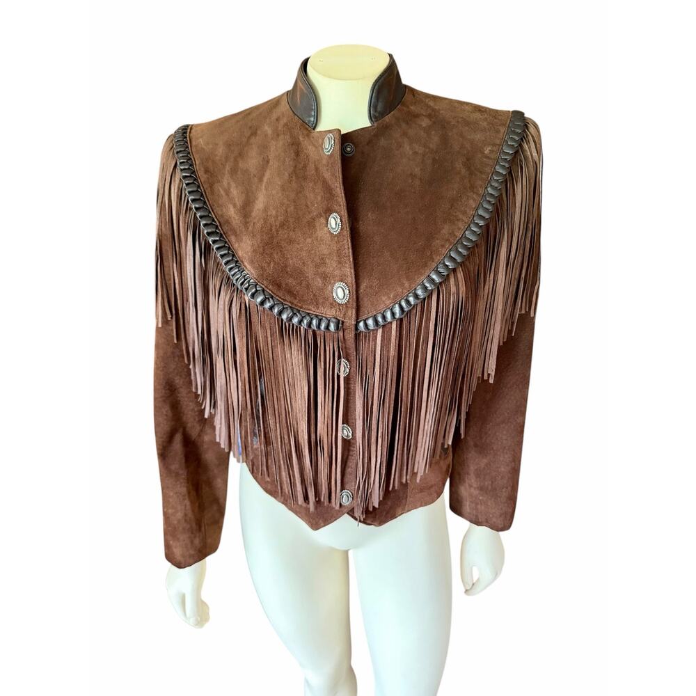 Cache Brown Suede Leather Fringe Western Crop Jacket Concho Buttons Vintage - Picture 4 of 13